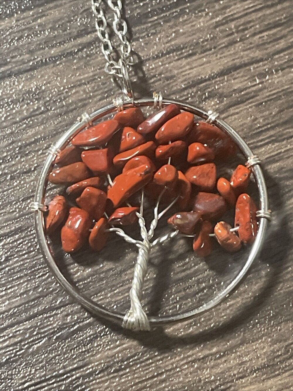 Red Jasper Tree of Life Pendant + 20" Stainless Steel Chain Blue Gift Bag